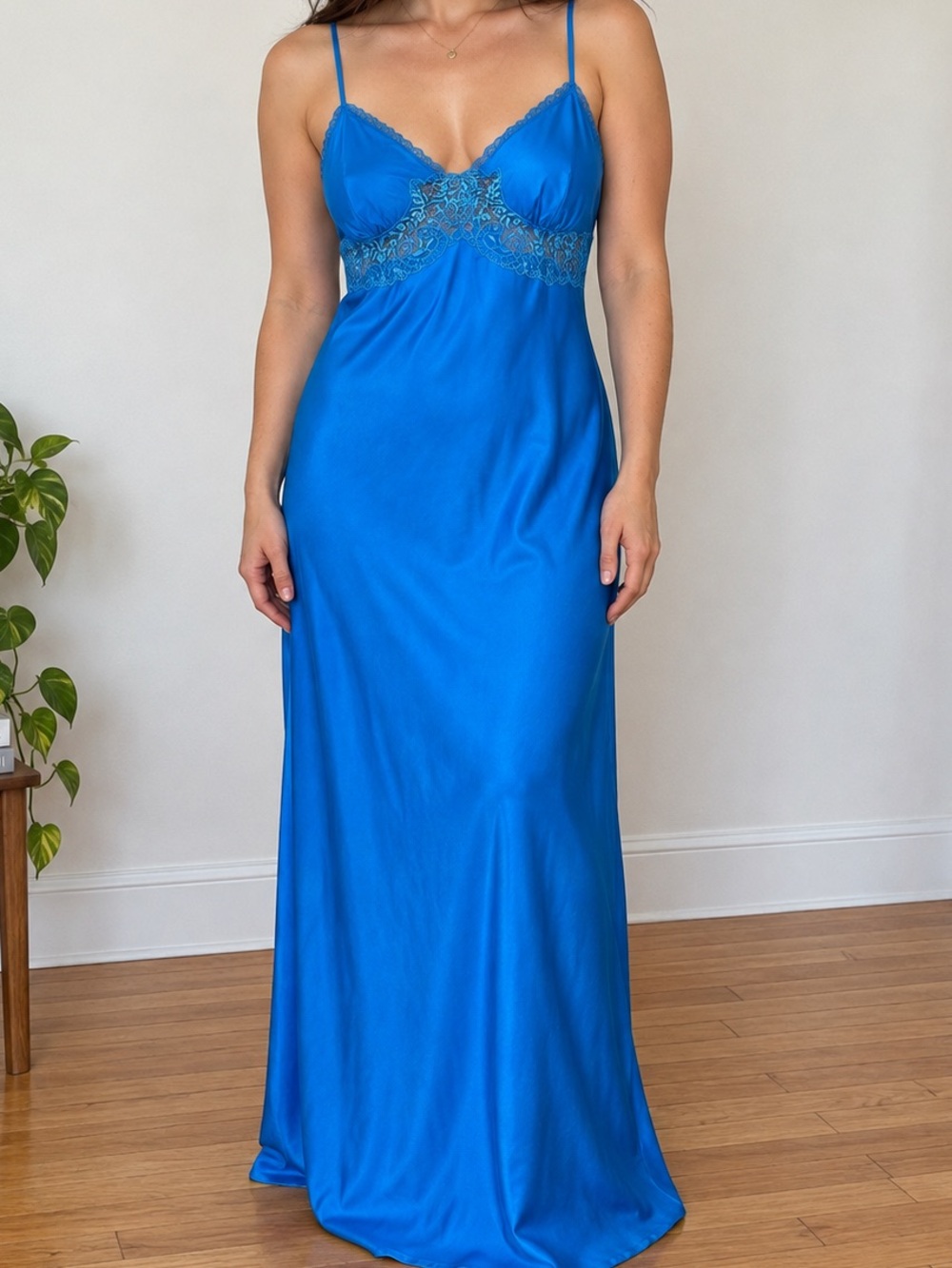 Vintage Blue Lace Maxi Slip Dress Low Back Lingerie Gown Size M